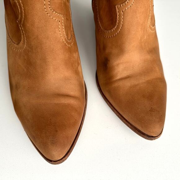Frye Reina Cognac Nubuck Side Zip Stack Wood Heel Cowboy Western Ankle Boots 10 - Picture 3 of 12